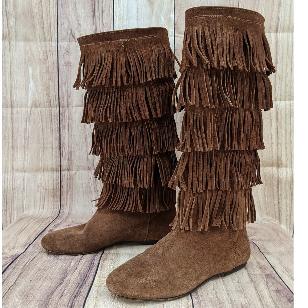 JOIE Festival Fringe Flat Boot 35 Boho Cognac Suede